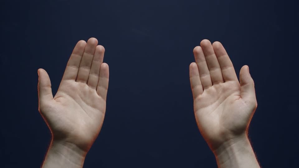 Two real open hands held up against a navy ground