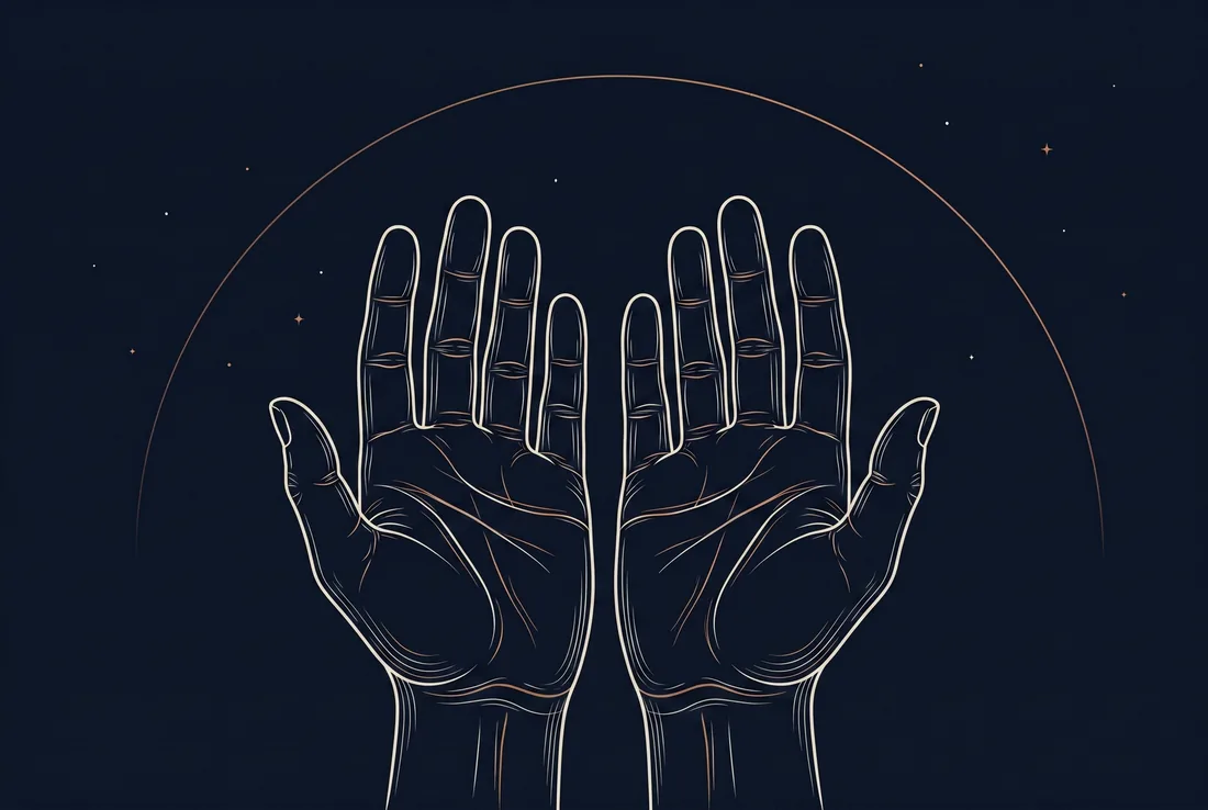 The paired-hands plate: two palms drawn in fine bone line on navy under a single copper arc