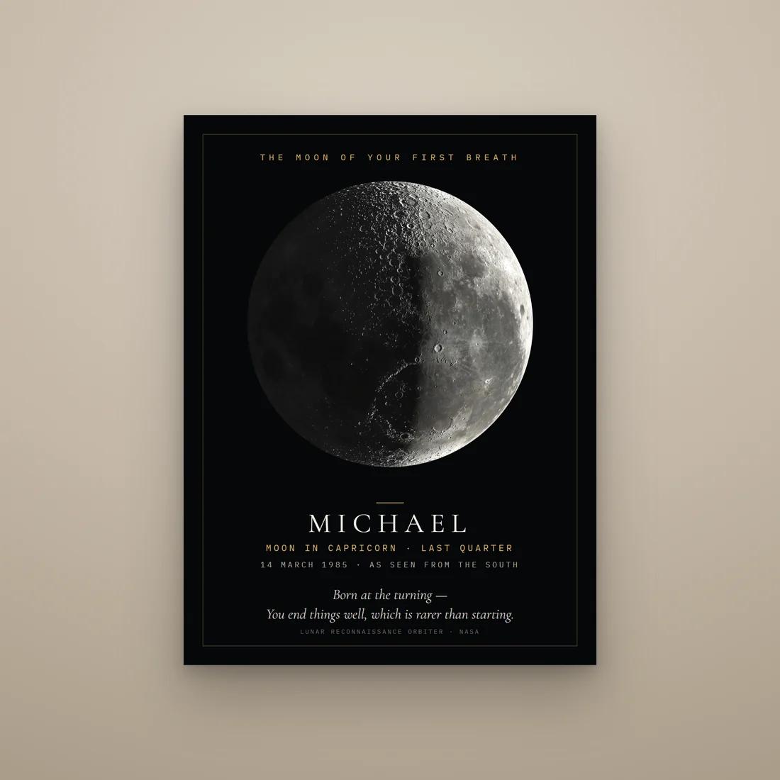 The Moon of Your First Breath on black paper, lit at last quarter