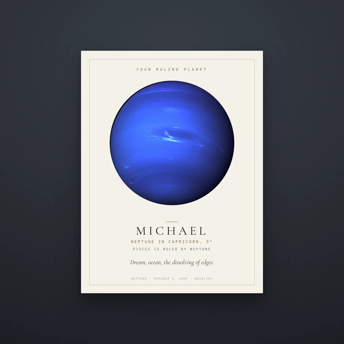 Your Ruling Planet on white paper: Neptune, photographed by Voyager 2