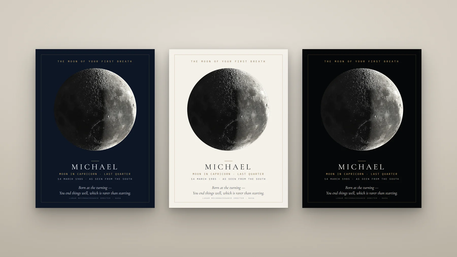 Three Moon of Your First Breath prints side by side, on navy, white and black paper: the real Moon, lit as it was on one birth date