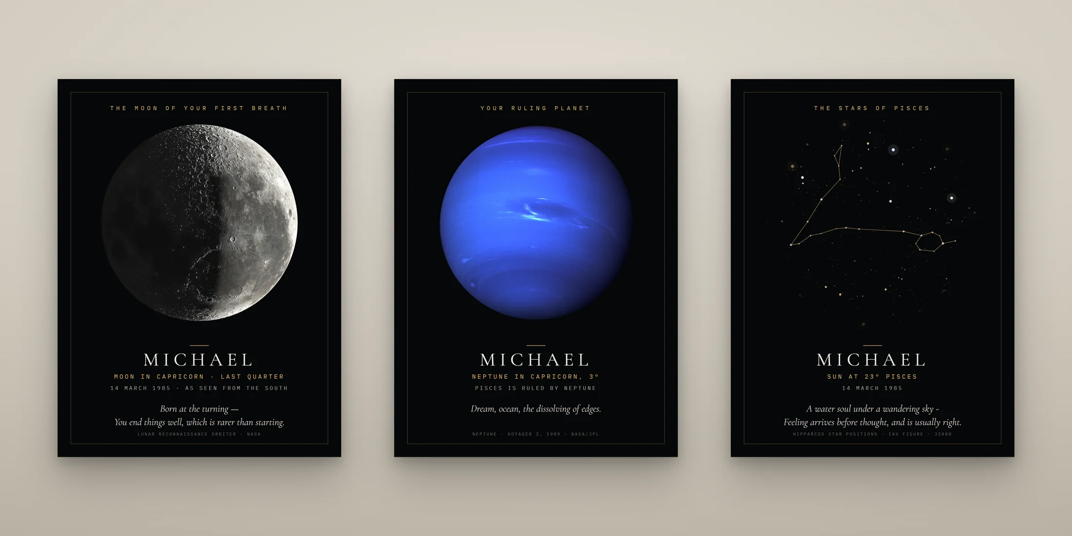 Three prints on black paper side by side: the Moon lit at last quarter, Neptune photographed by Voyager 2, and the stars of Pisces