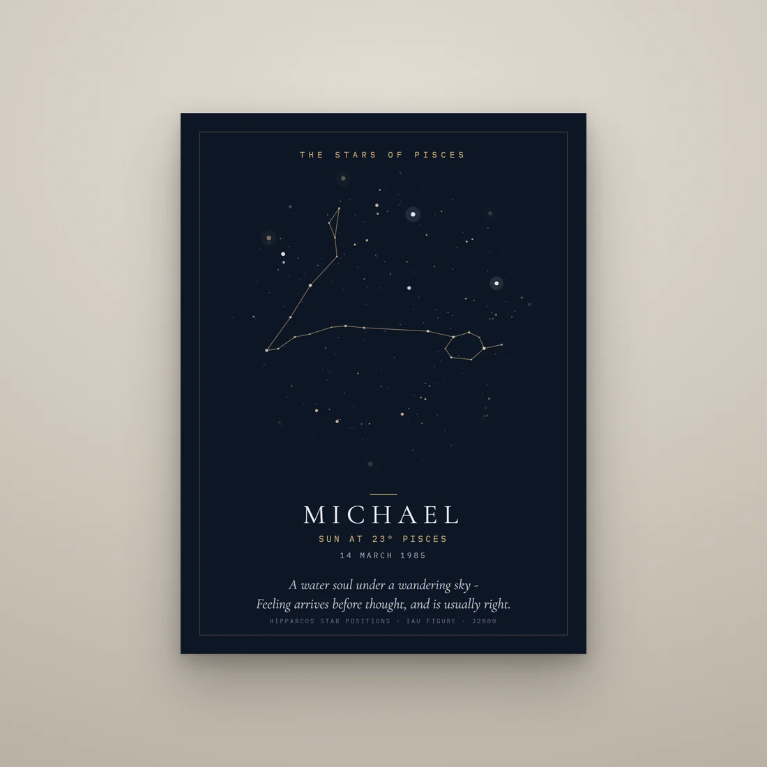The Stars of Pisces on navy paper, drawn from real star positions