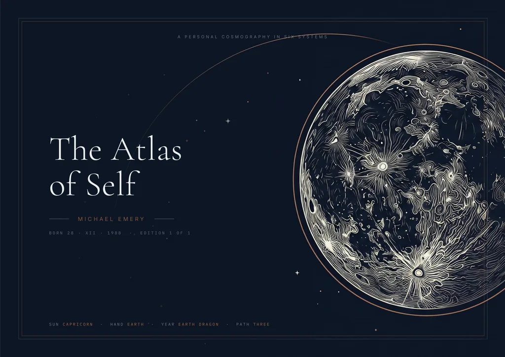 The cover of the Atlas of Self: the title and the reader's name beside an engraved full moon, on navy