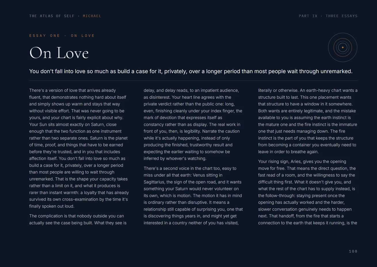 An essay page headed On Love, set in two columns