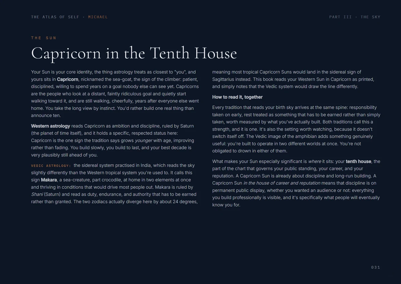 A page headed Capricorn in the Tenth House, three columns of reading on navy
