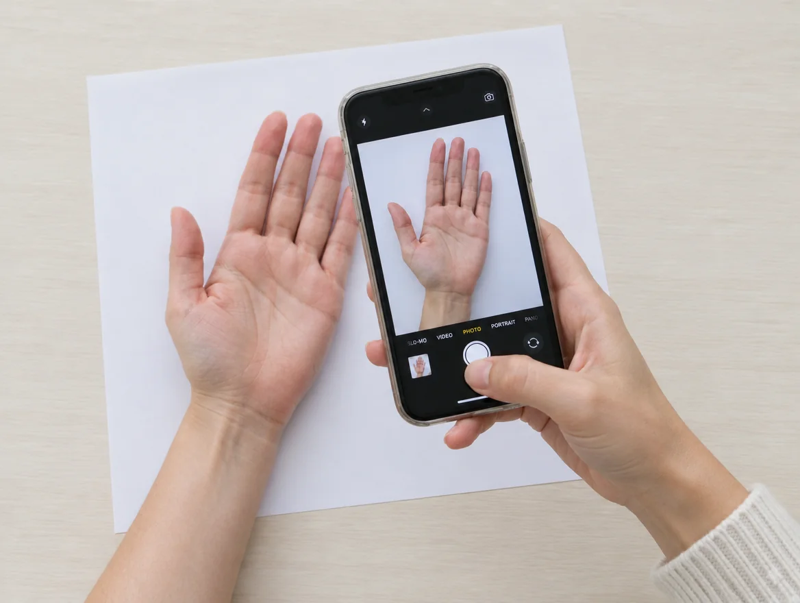 Someone photographing their own open palm with a phone, flat on a sheet of paper on a kitchen table