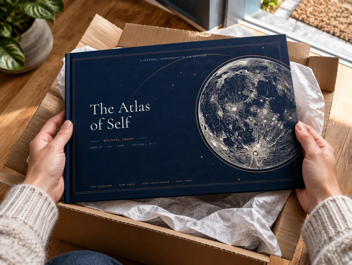 A pair of hands lifting the navy Atlas of Self hardcover out of its parcel