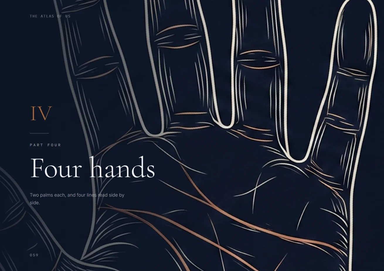A part opener headed Four hands, with a large engraved palm filling the page in bone and copper line