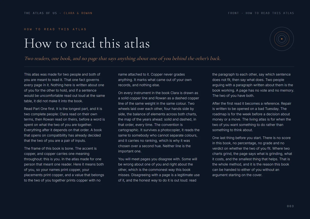A page headed How to read this atlas, three columns of text on navy with copper headings