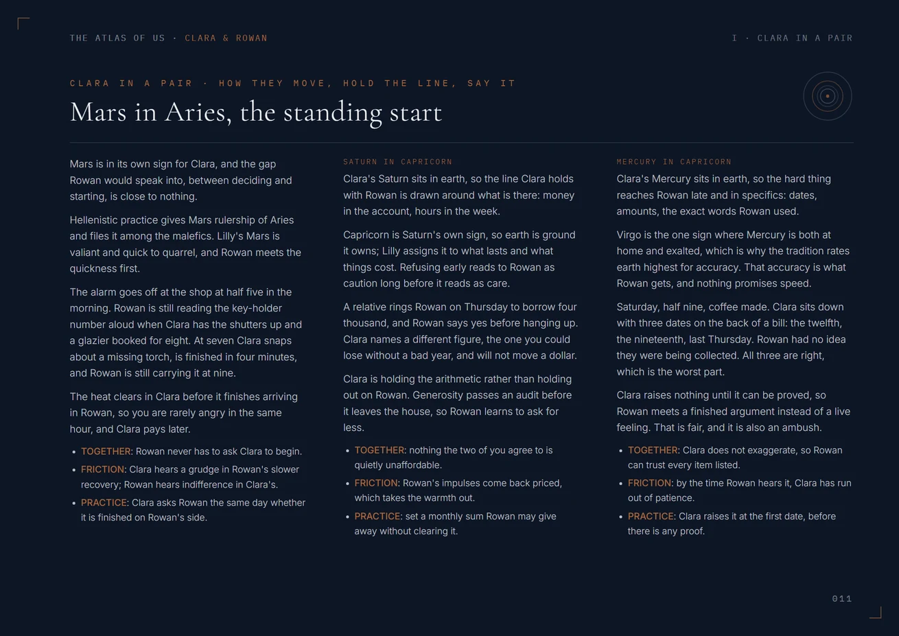 A page headed Mars in Aries, the standing start, with three columns and copper-marked practice notes