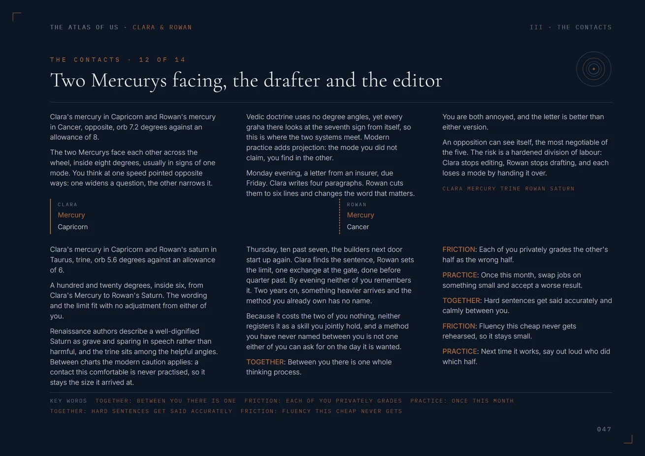 A page headed Two Mercurys facing, the drafter and the editor, with each person's placement in a copper margin block
